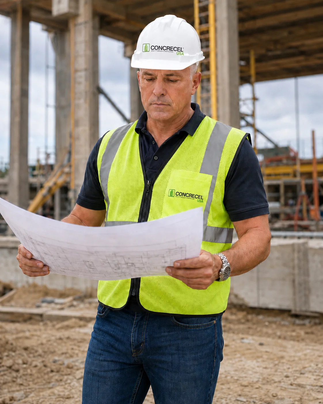 David Gembala, President & CEO of Apex Roofing, reviewing plans on a construction site
